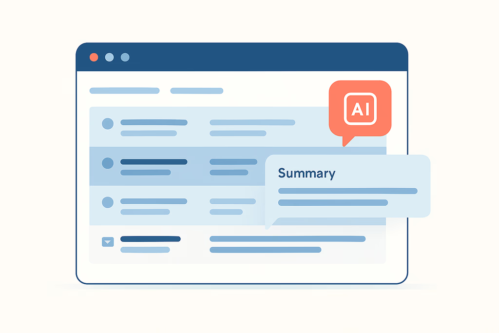 Email inbox with AI summary bubble illustration